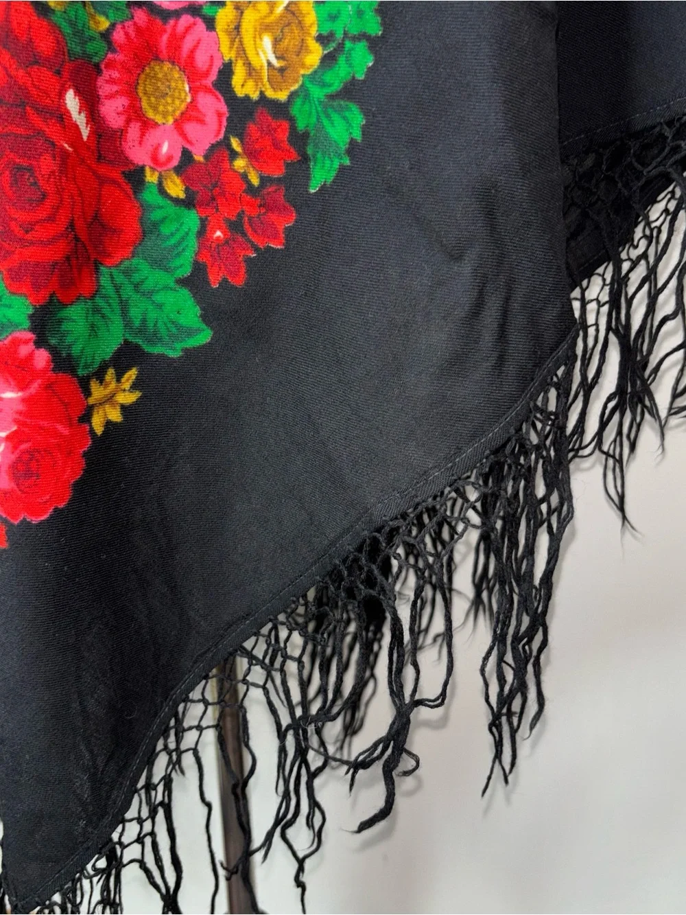 Vintage Russian Wool Floral Shawl Black Floral 52